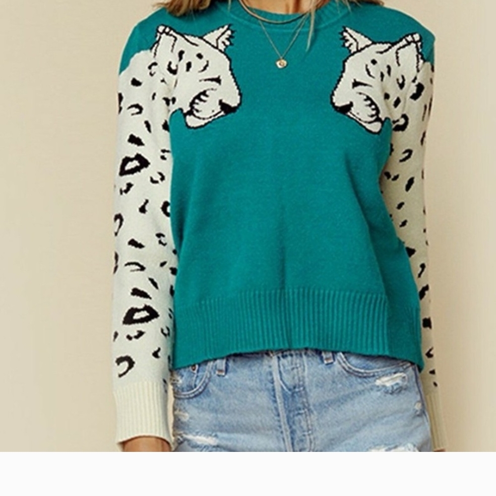 MINKPINK Teal and Cream Leopard Sweater